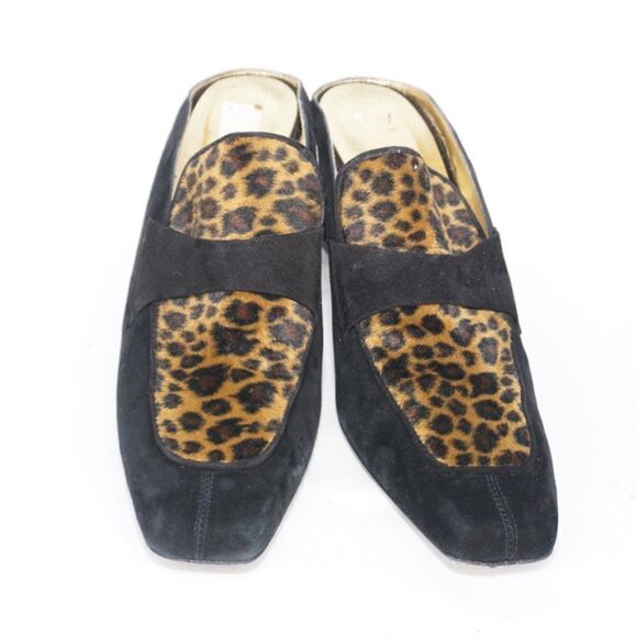 Timothy Hitsman Vintage Black & Leopard Print Suede Kitten Heeled Mules, Size 10 - Picture 2 of 6